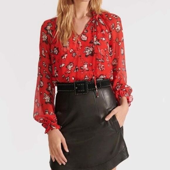 Veronica Beard Tops - NWOT Veronica Beard Silk Blouse Red Floral Ruffle Trim Long Sleeve Top US 8